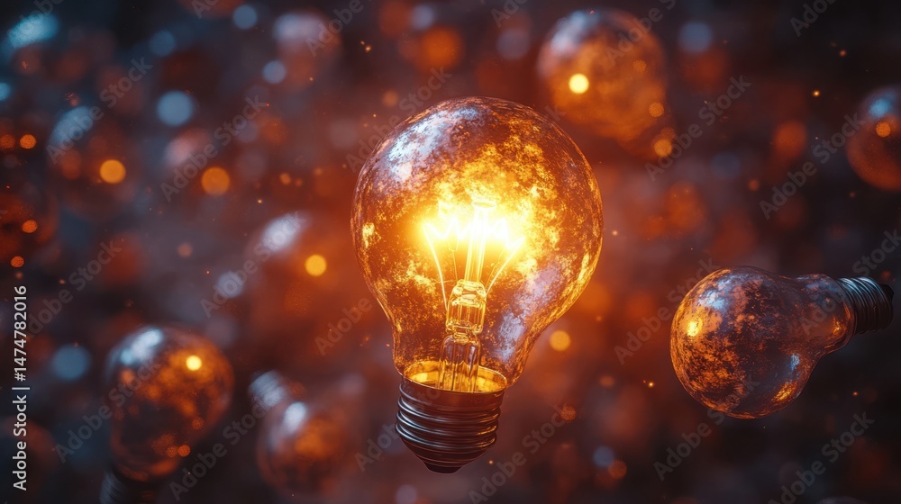 Poster idea generation - single glowing bulb surrounded by dead bulbs floating in space, photorealistic 3d 