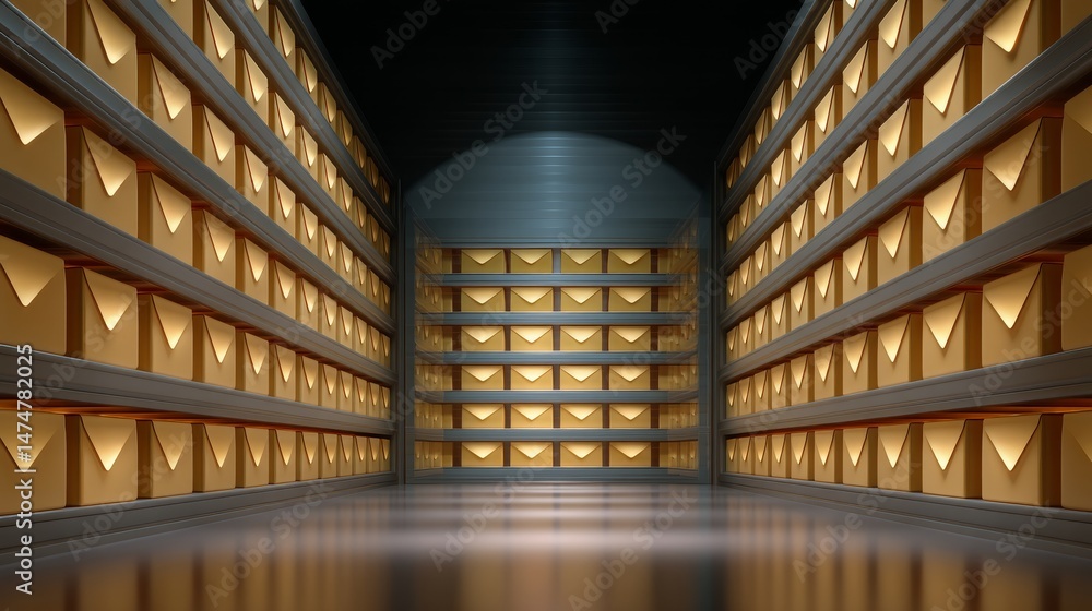 Poster futuristic library filled with glowing email inboxes in a sleek modern environment