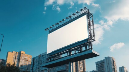 Obraz premium Large blank billboard displayed above urban buildings against a blue sky advertising space