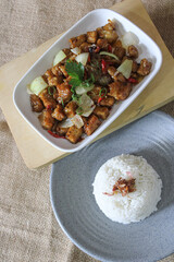 Restaurant dish stir-fried tempeh in soy sauce with rice