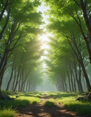 Dense young trees, bright green shoots, sunlight filtering through ,  fresh,  shoot,  botany
