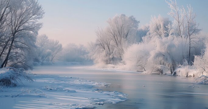 Serene winter landscape: snow-covered trees along a frozen river. Peaceful, cold beauty.