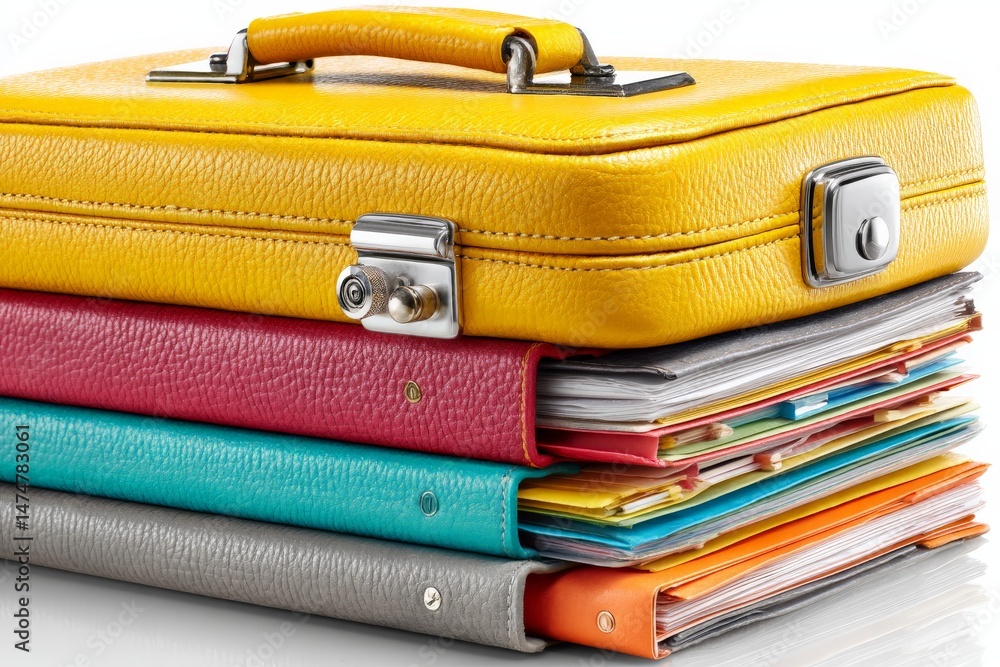 Poster brightly colored binders and a yellow briefcase stacked on a white background