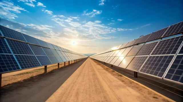 Vast Solar Farm at Sunset Clean Energy Renewable Power Sustainable Technology Alternative Energy Sources Eco Friendly Environment