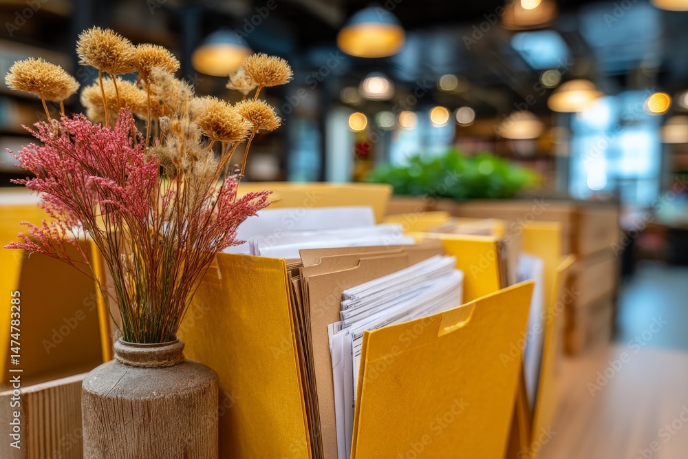 Poster decorative flower vase next to organized file folders in a modern office setting with natural light