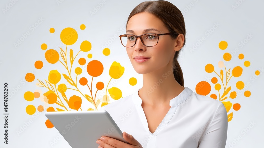 Aufkleber professional businesswoman holding tablet displaying data visualizations with abstract orange shapes