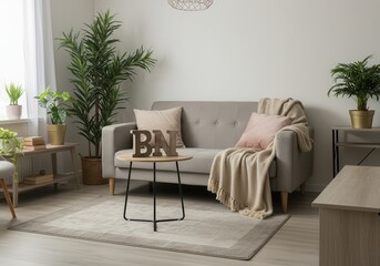 Living room interior with gray sofa, pillows, blanket, table, and plants near the window