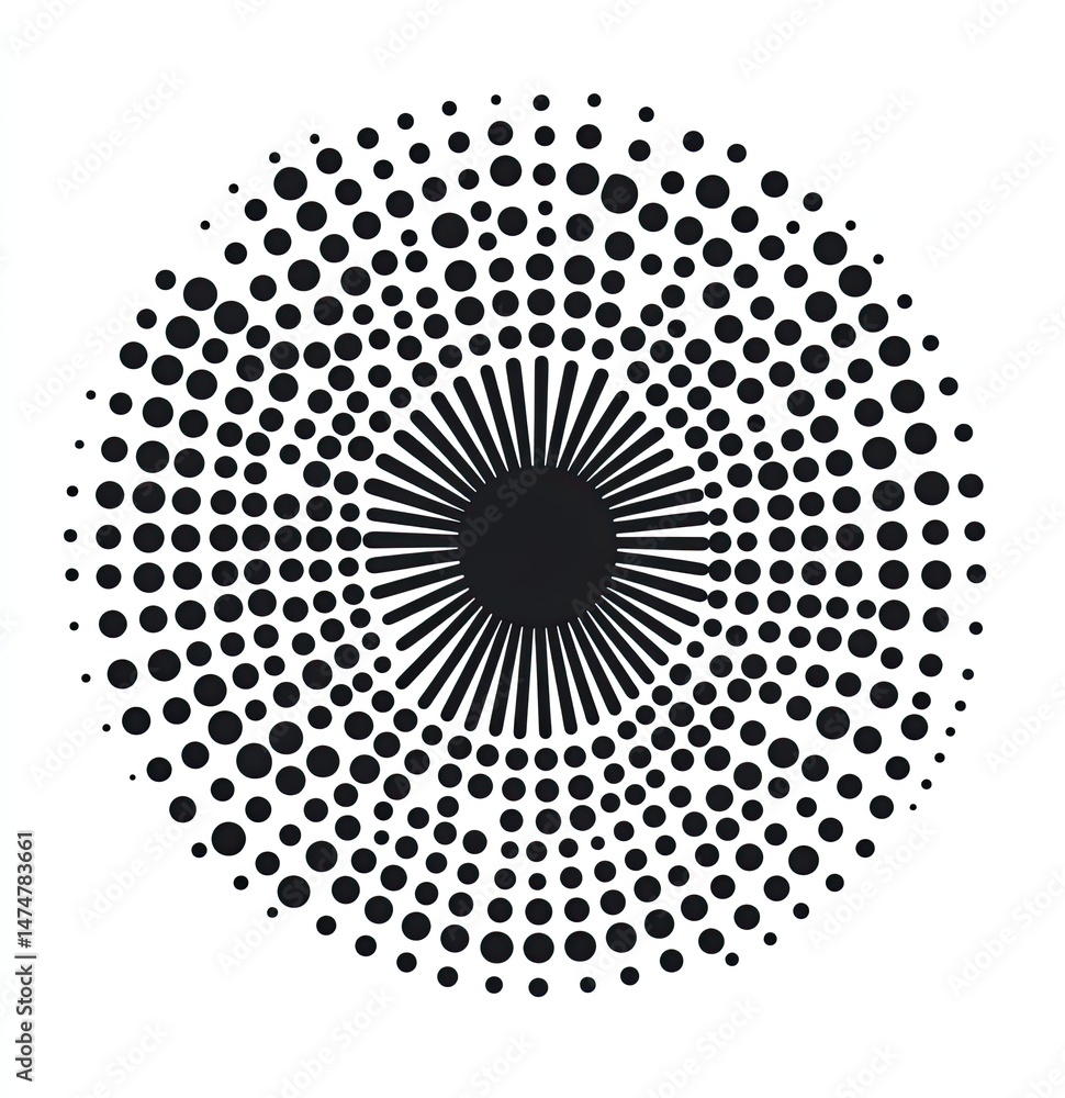 Poster circular halftone pattern radiating from a central point. concentric circles of dots create a visual