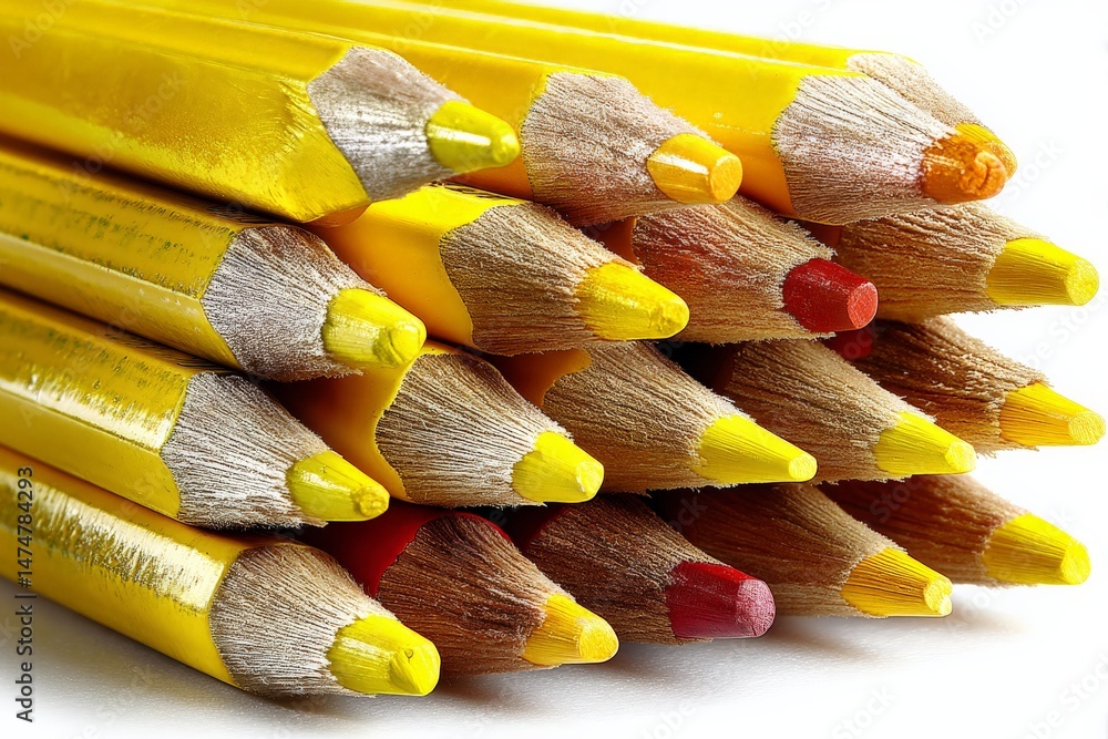 Poster collection of vibrant colored pencils arranged in a stacked pattern showcasing shades of yellow and 