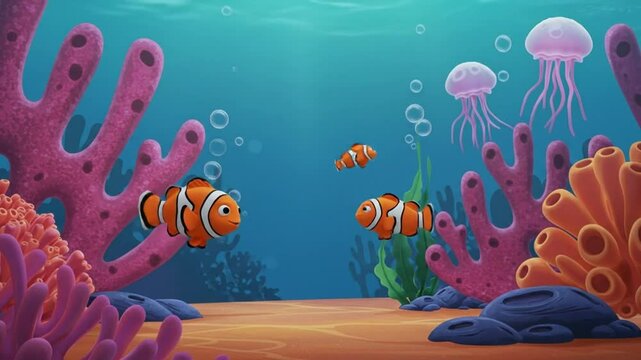 Cartoon Clownfish and Jellyfish Reef Scene