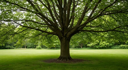 Fototapeta premium Majestic Tree with Spreading Branches on Green Lawn