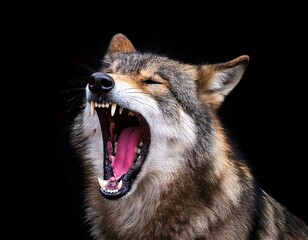Fototapeta premium yawning wolf at black background