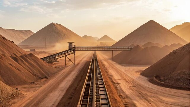 Majestic Iron Ore Mine Landscape at Sunset Showing Huge Piles of Red Minerals Transported via Conveyor Belt System