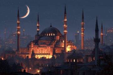 Obraz premium Mosque illuminated at night, crescent moon above