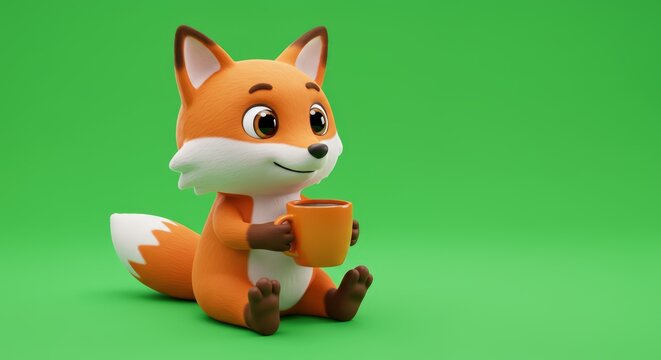 Adorable 3D Render of a Fox Enjoying a Warm Drink