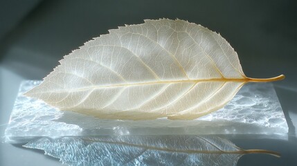 Translucent leaf showing intricate vein structure with soft lighting on textured glass tile reflecting on a gray background