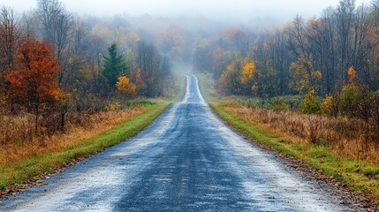 Misty Autumn Road Through Colorful Forest