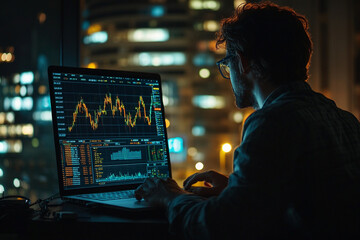 Trader analyzing stock market data at night in a city with glowing buildings and financial graphs displayed on a laptop