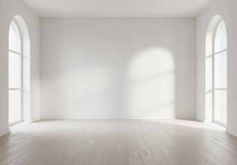Obraz premium Empty room with white walls and arched windows casting light