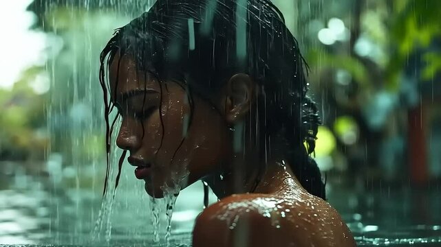 Sensual water immersion: Woman's peaceful encounter with rain in natural pool