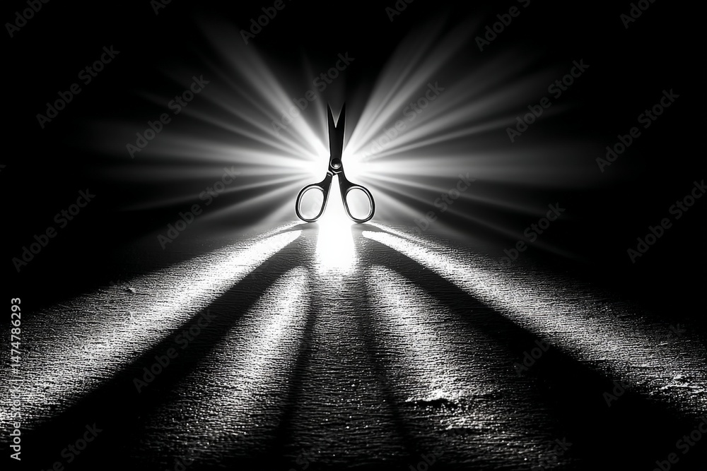 Poster Scissors casting dramatic shadows in a dark setting illuminated by bright light from behind