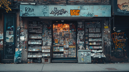Vintage bookstore displaying a vast collection of comic books and magazines in a bustling urban area