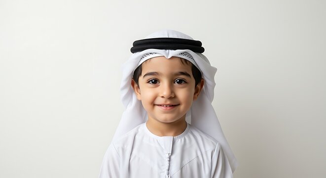 Stock image of a happy emirate boy wearing traditional arab clothing and smiling on a white background