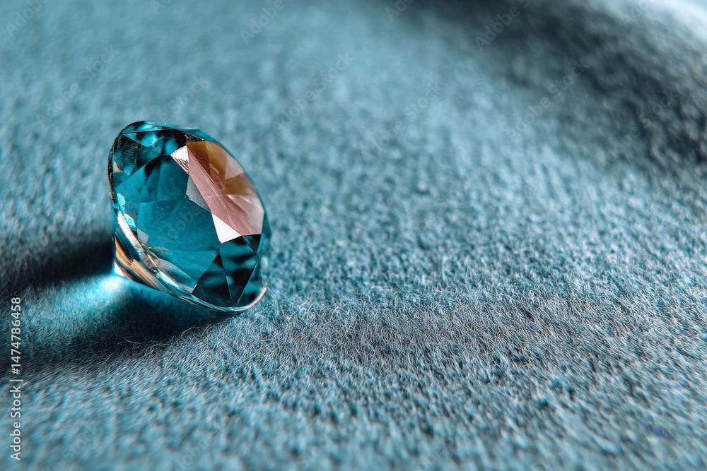 Poster clear blue diamond sparkling on a textured surface in soft daylight