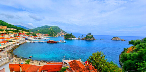 parga summer resort in greece roofs sea boats