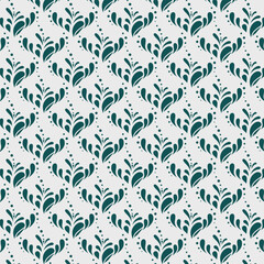 seamless repeating pattern featuring stylized teal floral motifs on a light gray background