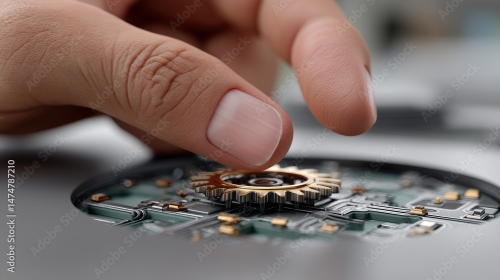Aufkleber close up of finger interacting with gear mechanism in technology environment detailed macro view on 
