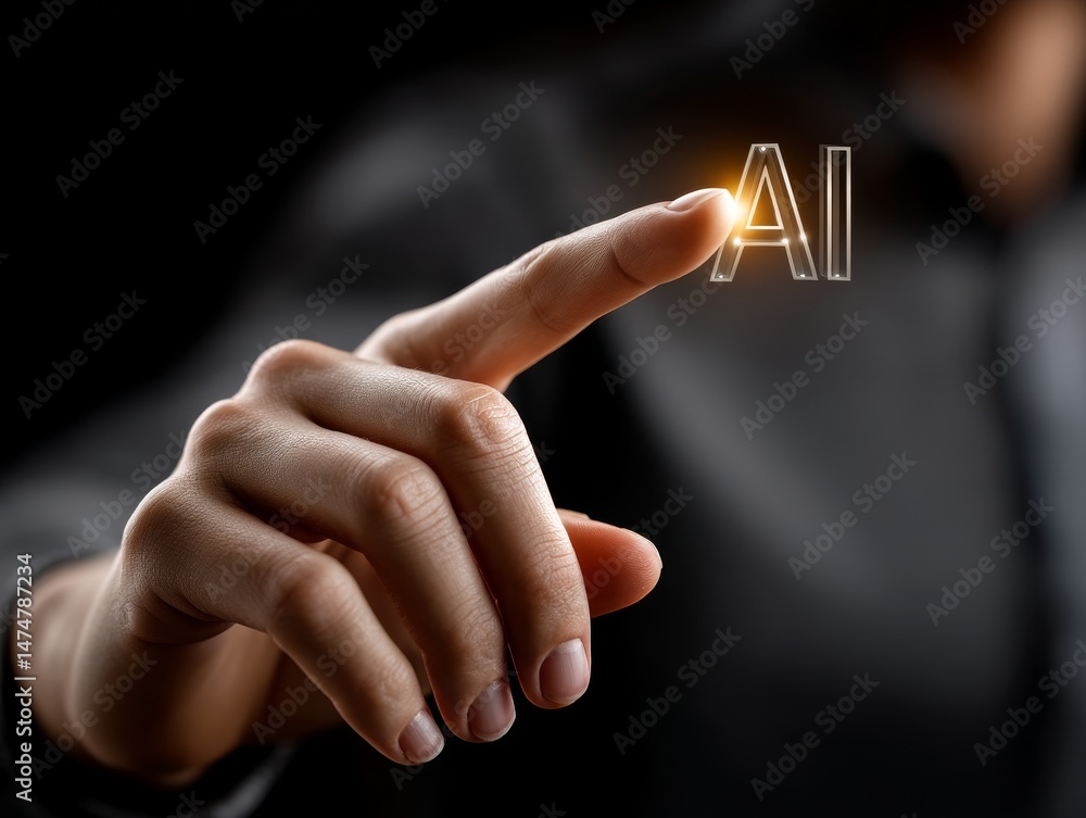 Poster hand interacting with holographic ai interface digital environment technology concept close-up view