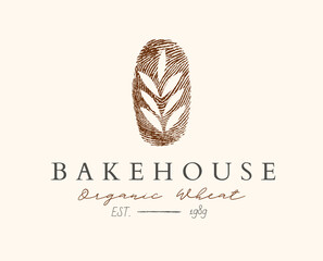 Bakehouse bakery fingerprint label design with lettering organic wheat drawing on beige background