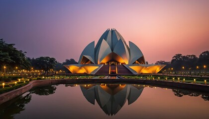 Lotus Temple at Dusk: A Stunning Reflection of Architectural Beauty