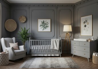Nursery interior with gray crib, chair, and changing table against gray walls