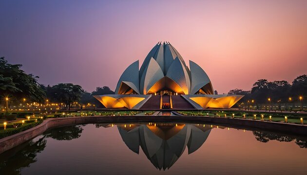 Lotus Temple at Dusk: A Stunning Reflection of Architectural Beauty