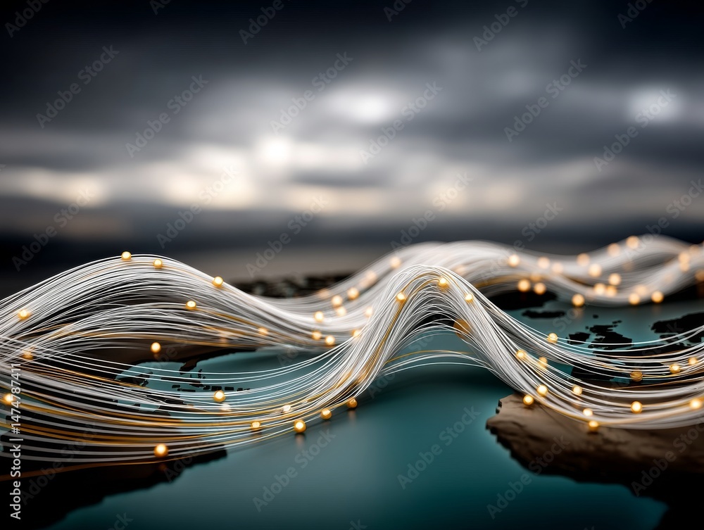 Poster global network connectivity visualized over oceanic regions abstract graphic design dynamic environm