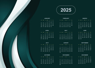 modern and stylish 2025 calendar template featuring a dark teal and white abstract design