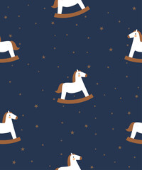 Cute Rocking Horse Wallpaper. Funny Simple Seamless Vector Pattern With WhiteToy Horses And Stars Isolated on a Dark Blue Background. Lovely Hand Drawn Nursery Print Ideal for Fabric, Textile. 