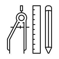 Geometry tools icon with compass, ruler and pencil isolated on white background