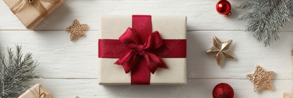 Poster square holiday gift with red ribbon and decorative elements on a wooden background in a festive sett