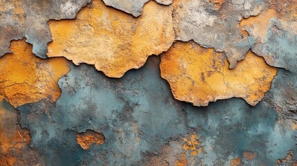 Obraz premium Weathered Wall Surface Featuring Layers of Peeling Paint in Blue, Gold, and Gray Colors, Creating a Textured Effect