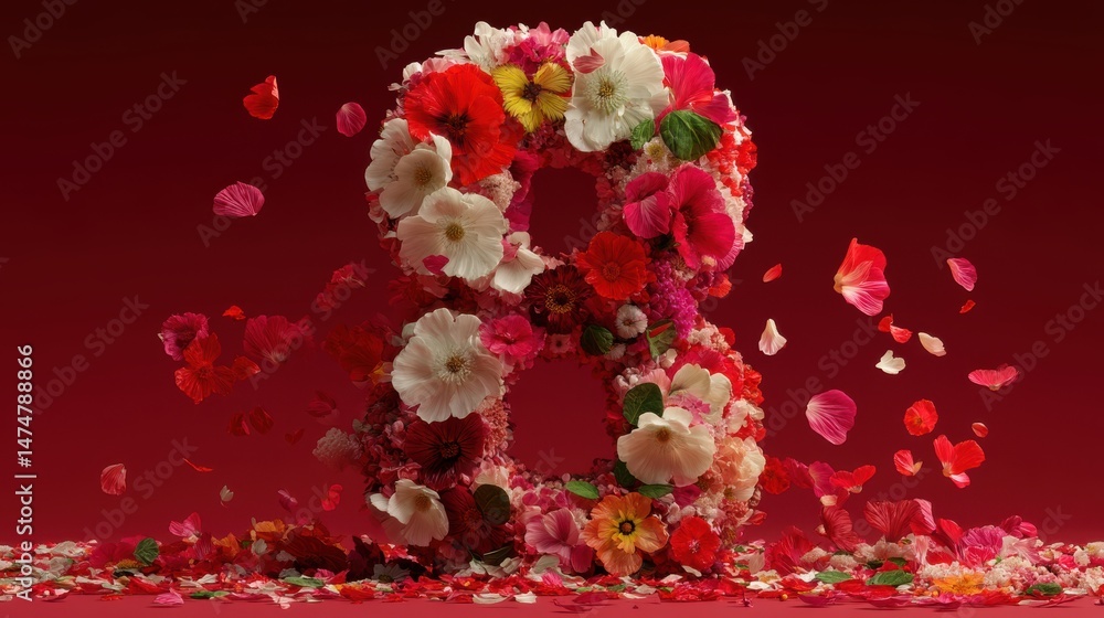 Poster women s day creative background with number 8 made of petals generative ai