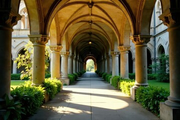 Obraz premium Sunlit abbey cloister with stone arches and lush greenery , plants, abbey