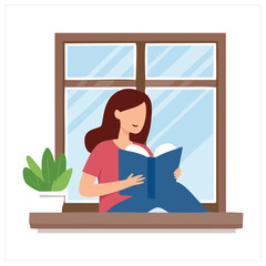 Woman Reading by Window Vector