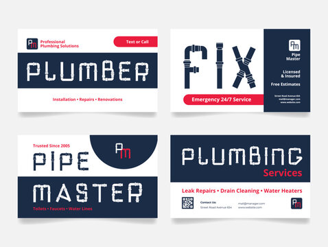 Business cards featuring plumbing services, showcasing installation, repairs, and emergency services. Designs emphasize professional quality, reliability, and contact options for customers.