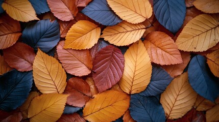 Obraz premium Autumnal Color Array: A Close-Up of Decaying Leaves in Shades of Ochre, Blue and Brown, Perfect for Seasonal Use