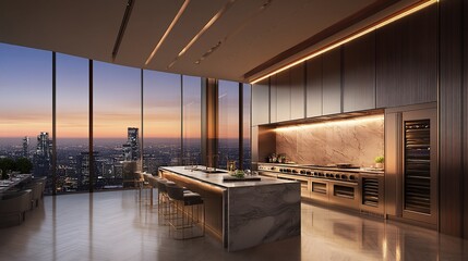 Obraz premium Luxurious penthouse kitchen with city sunset view