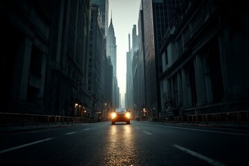 City street illuminated by headlights with skyscrapers in the background during early morning hours