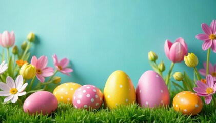 Fototapeta premium Vibrant Easter egg display with spring flowers and bunny decorations , happy, centerpiece